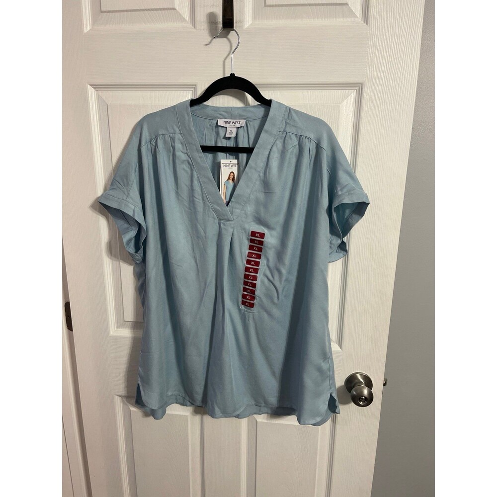 Nine West Woven Popover Top Size X-Large Blue Fog New With Tags